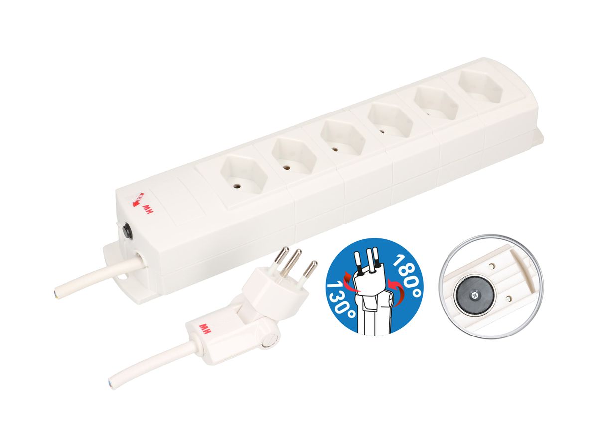 Steckdosenleiste MH 6×T13 Prime-Line Td 3×1mm² 3m weiss Magnete Clip-Clap
