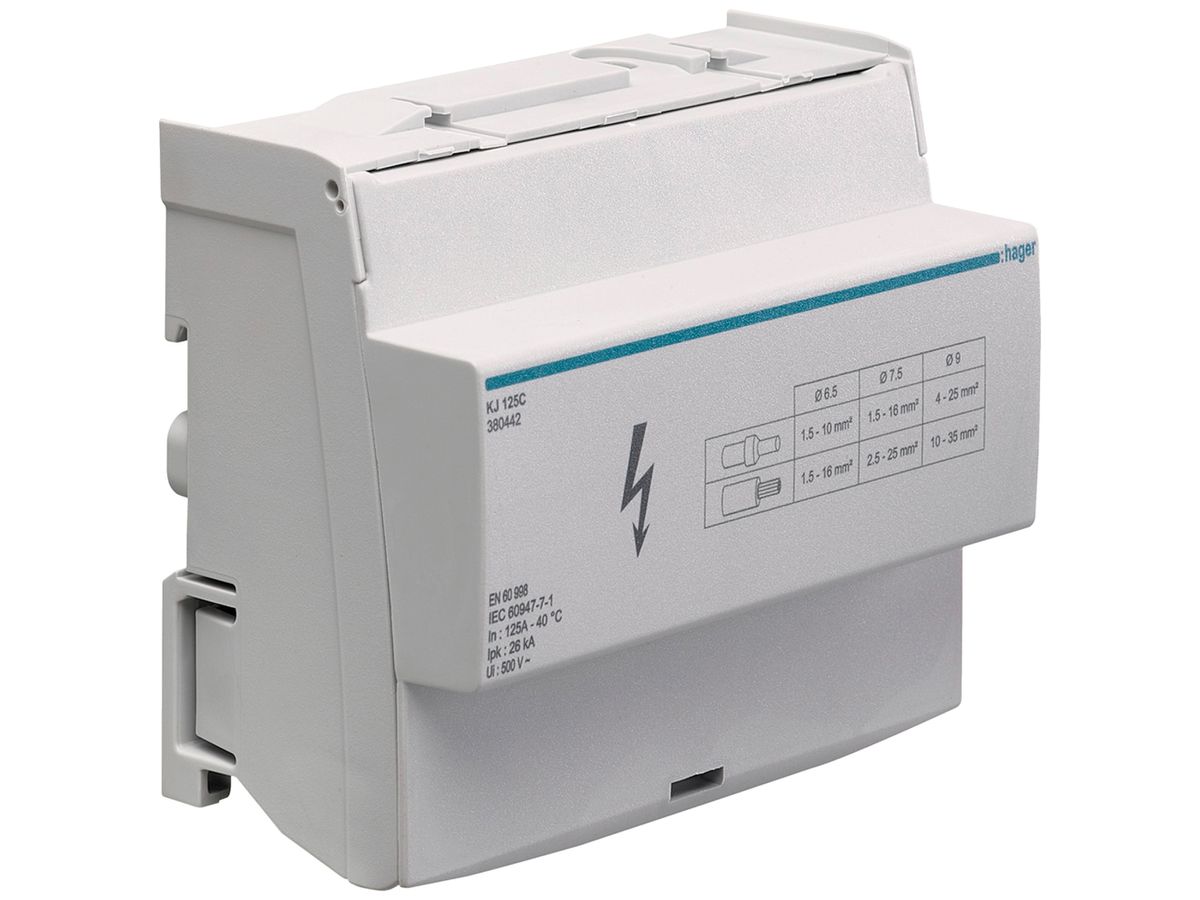 Verteilerblock Hager 125A 4P 1.5…35mm² 126×96×44mm
