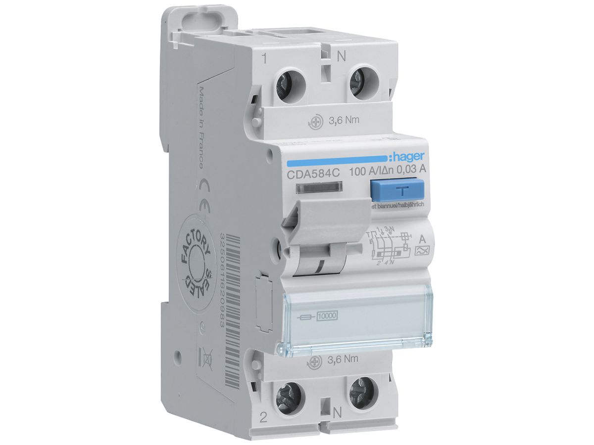 Fehlerstrom-Schutzschalter Hager RCCB (RCD) 2P 230V 0.03A Typ A 100A 10kA 2TE