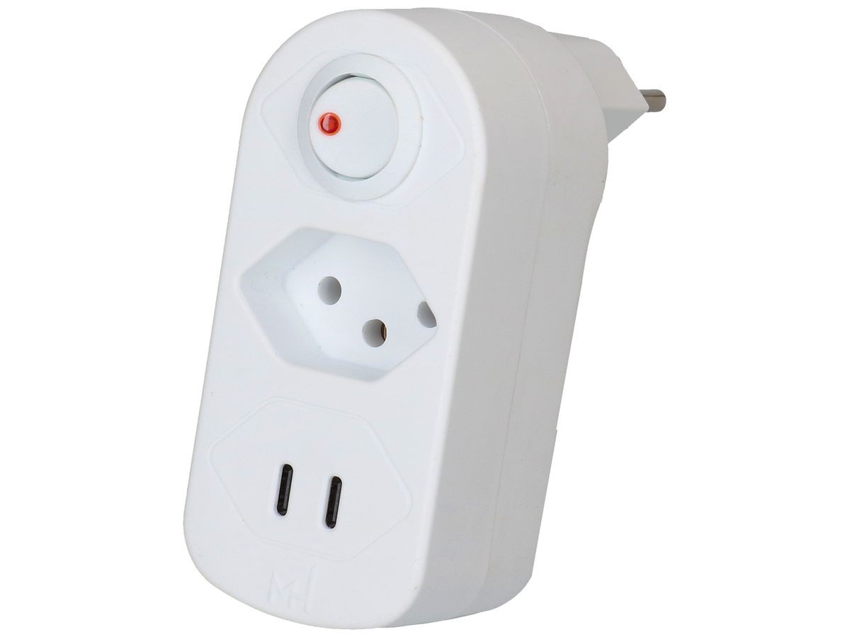 Mehrfach-Stecker MAX HAURI ADAPT SPLIT 10A m.Ein-/Ausschalter 1×T13 2×USB ws