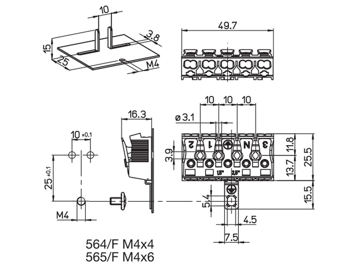 Verbindungsklemme 5P 0.5…2.5mm² Betätigungshebeln Erdungsbügel ws