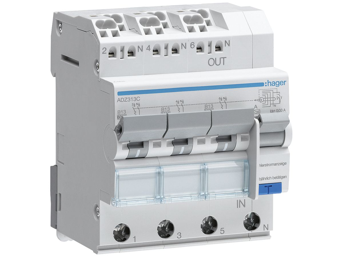 FI/LS-Schalter Hager RCBO QC 3P+N 400V Char.B 13A 0.03A Typ A 6kA 4TE