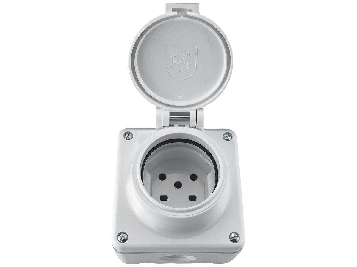 AP-Steckdose Steffen MICA 1×T15 10A 400V IP55 mit Deckel weiss