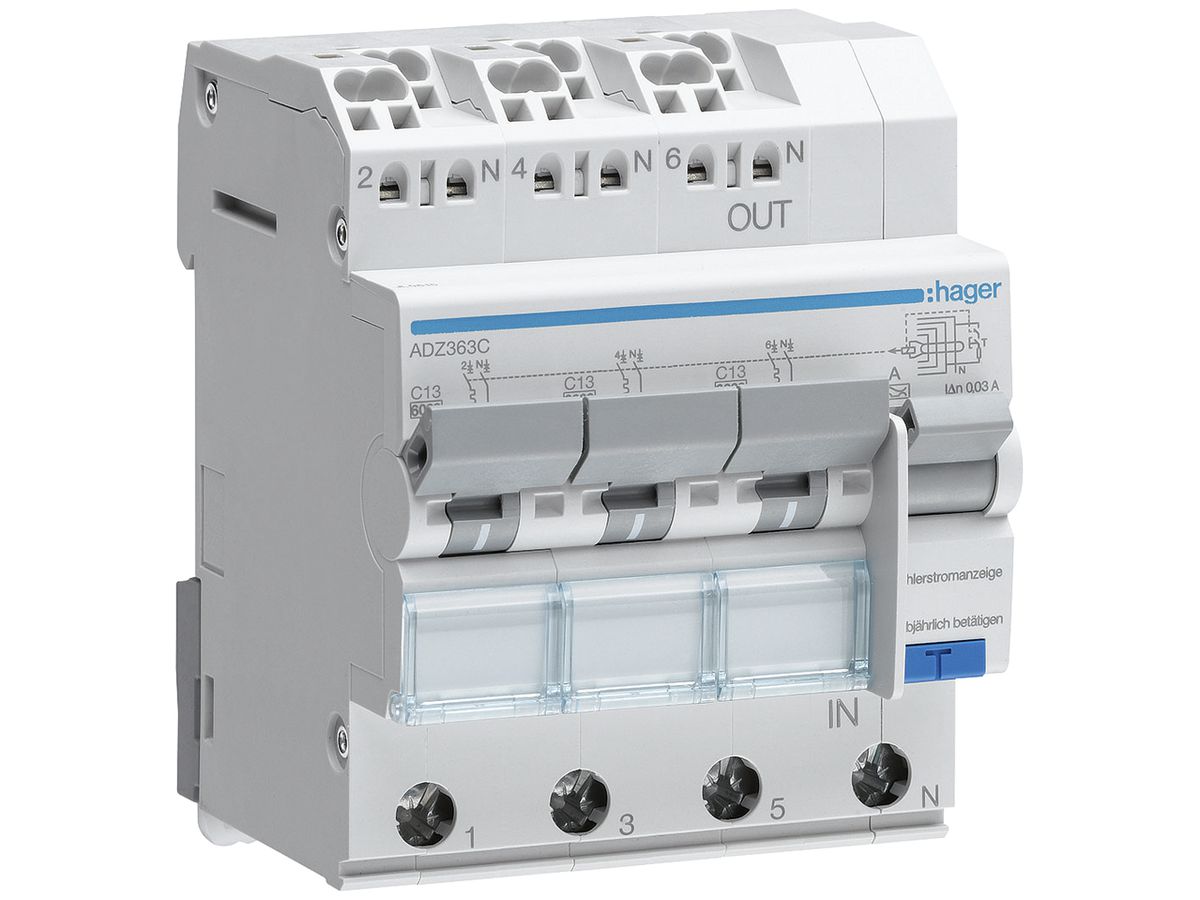 FI/LS-Schalter Hager RCBO QC 3P+N 400V Char.C 13A 0.03A Typ A 6kA 4TE