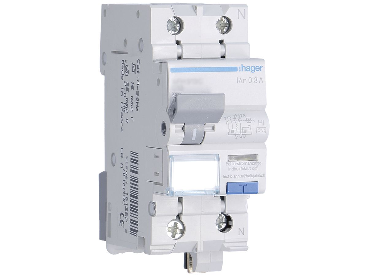 FI/LS-Schalter Hager RCBO 2P 230V Charakteristik C 16A 0.3A Typ A HI 6kA 2TE