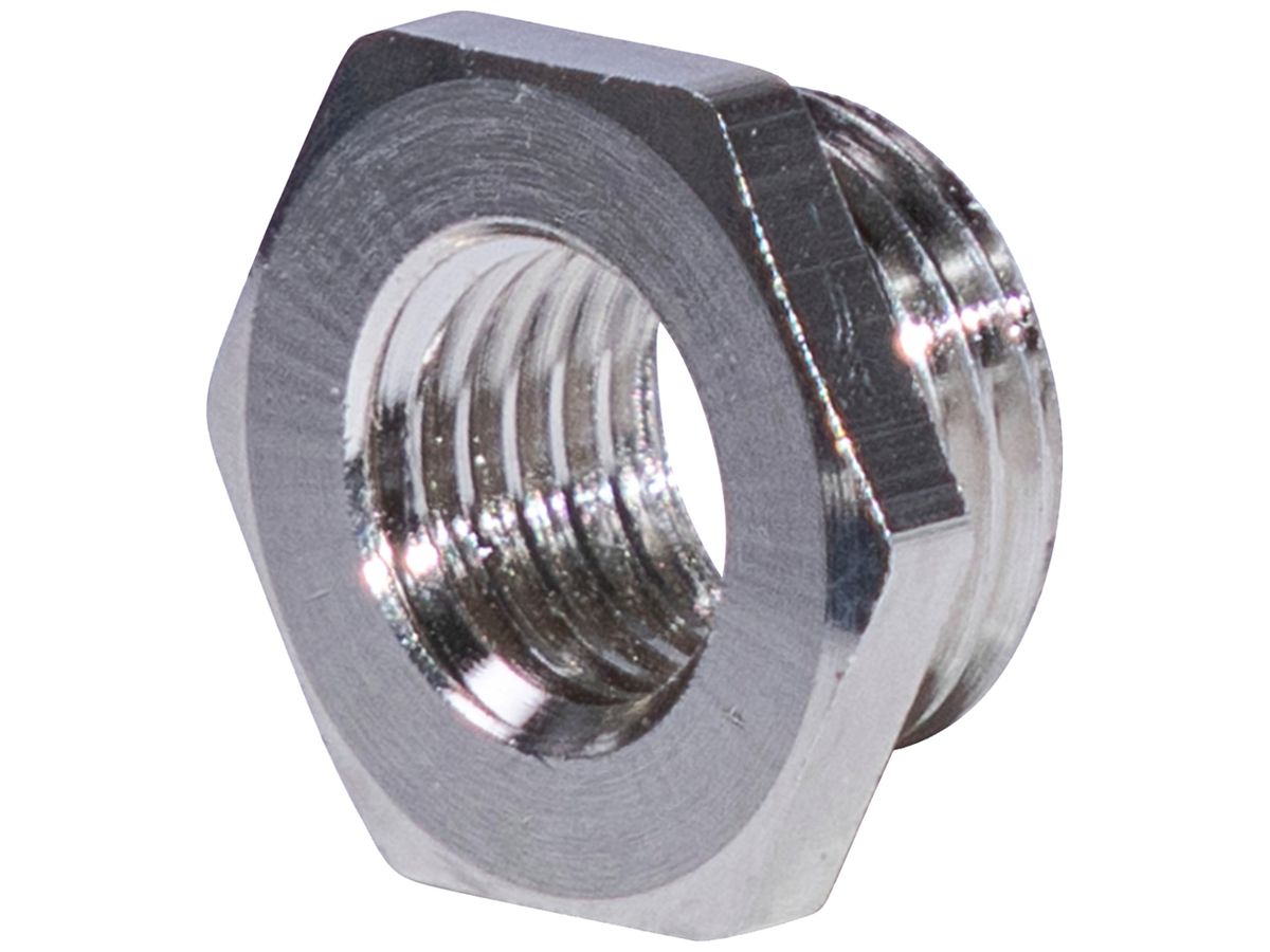 Reduktion 6-kant M16×1.5 aussen/M12×1.5 innen Messing vernickelt