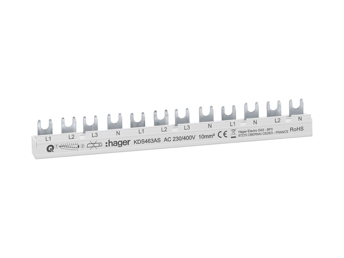 Phasenschiene Hager QC 4P 3L Gabel 10mm² 63A 215×3mm L1L2L3N-L1L2L3N-L1N-L2N