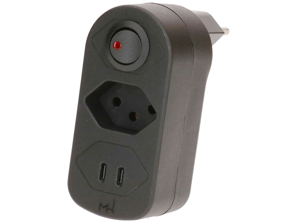 Mehrfach-Stecker MAX HAURI ADAPT SPLIT 10A m.Ein-/Ausschalter 1×T13 2×USB sz