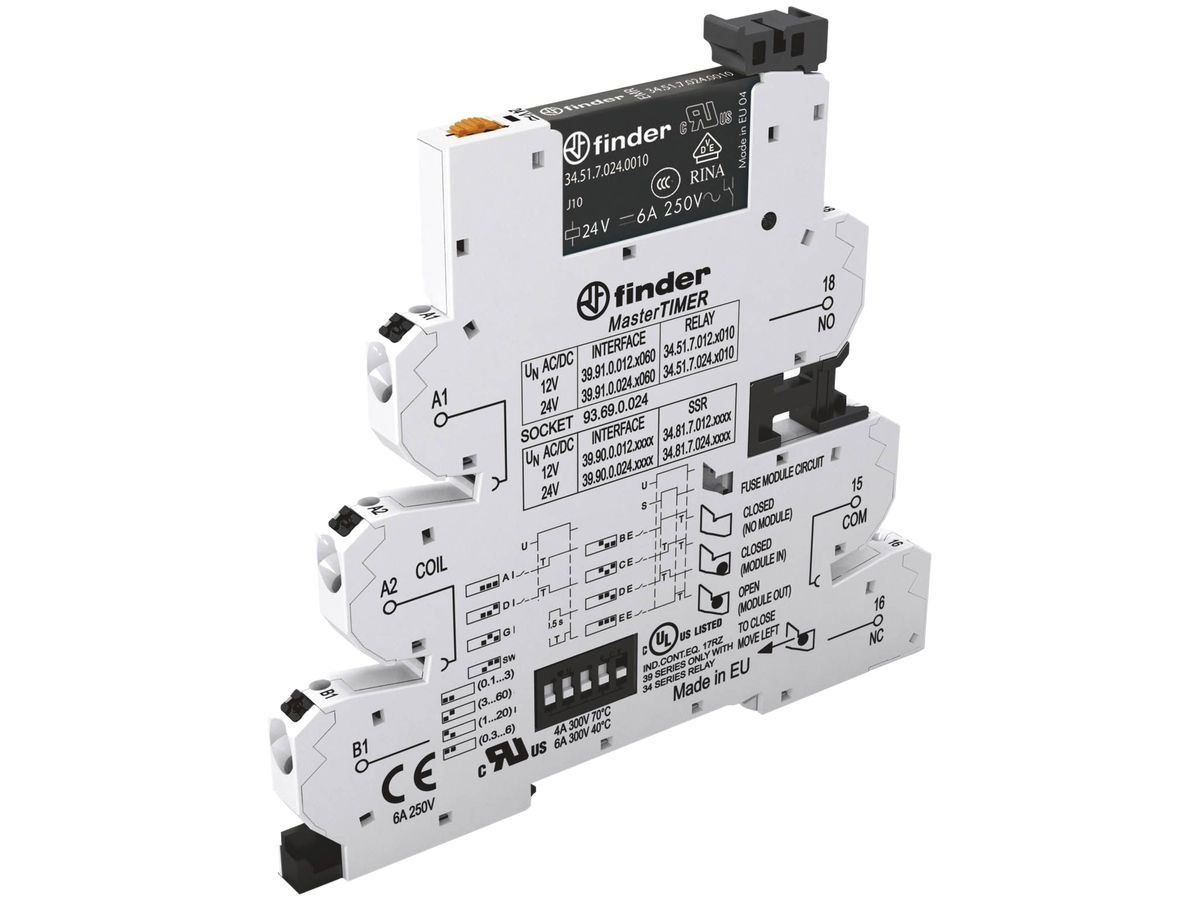 REG-Koppelrelais Finder 39 Maste RTIMER, 1W 6A/24VUC AgNi Push-In-Klemmen