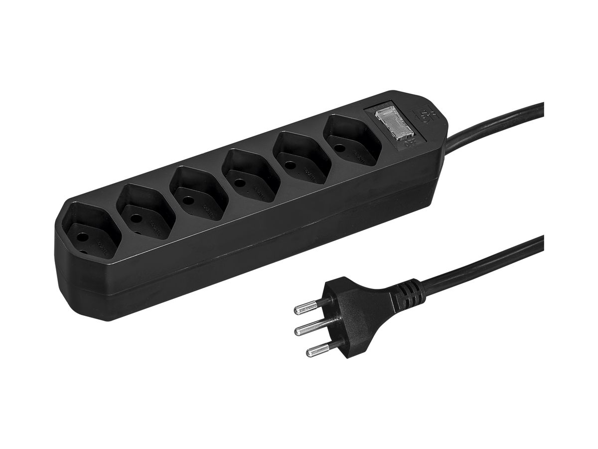 Steckdosenleiste COMPACT 1.5m 6×T13 mit Ausschalter, schwarz