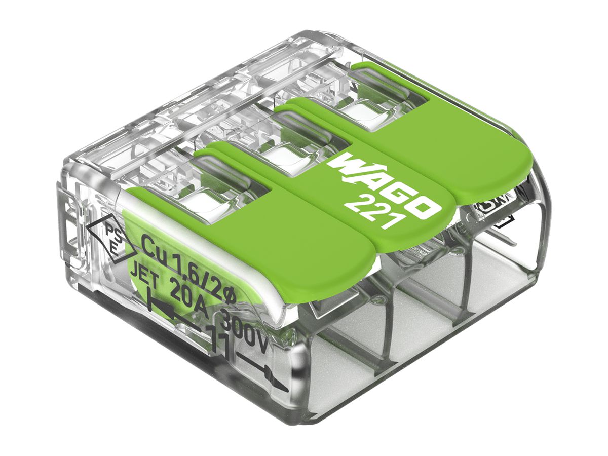 Dosenklemme WAGO 221-423 mit Hebel in Box 50×3L 0.2…4mm² 32A 450V grün