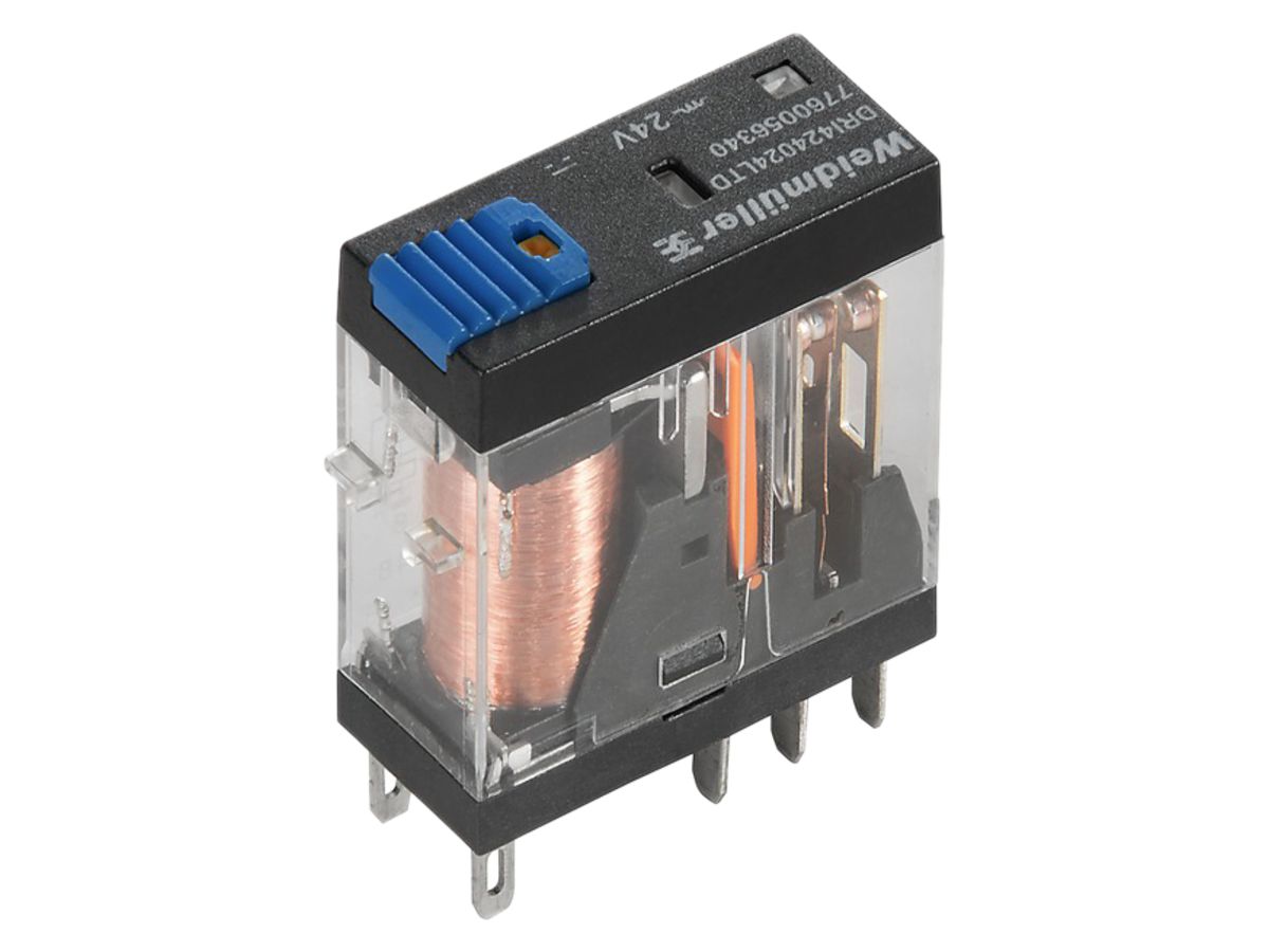 Relais WM, 24VDC, LED grün, Freilaufdiode, 2 Wechsler mit Prüftaste, 250VAC, 5A