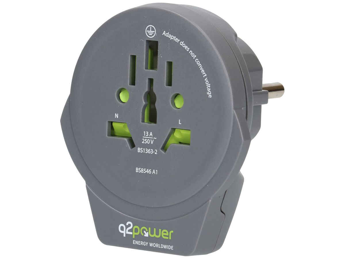 Reiseadapter Q2Power 10A USB/AUS/I/UK/CH/USA/EU Stecker für Schuko grau