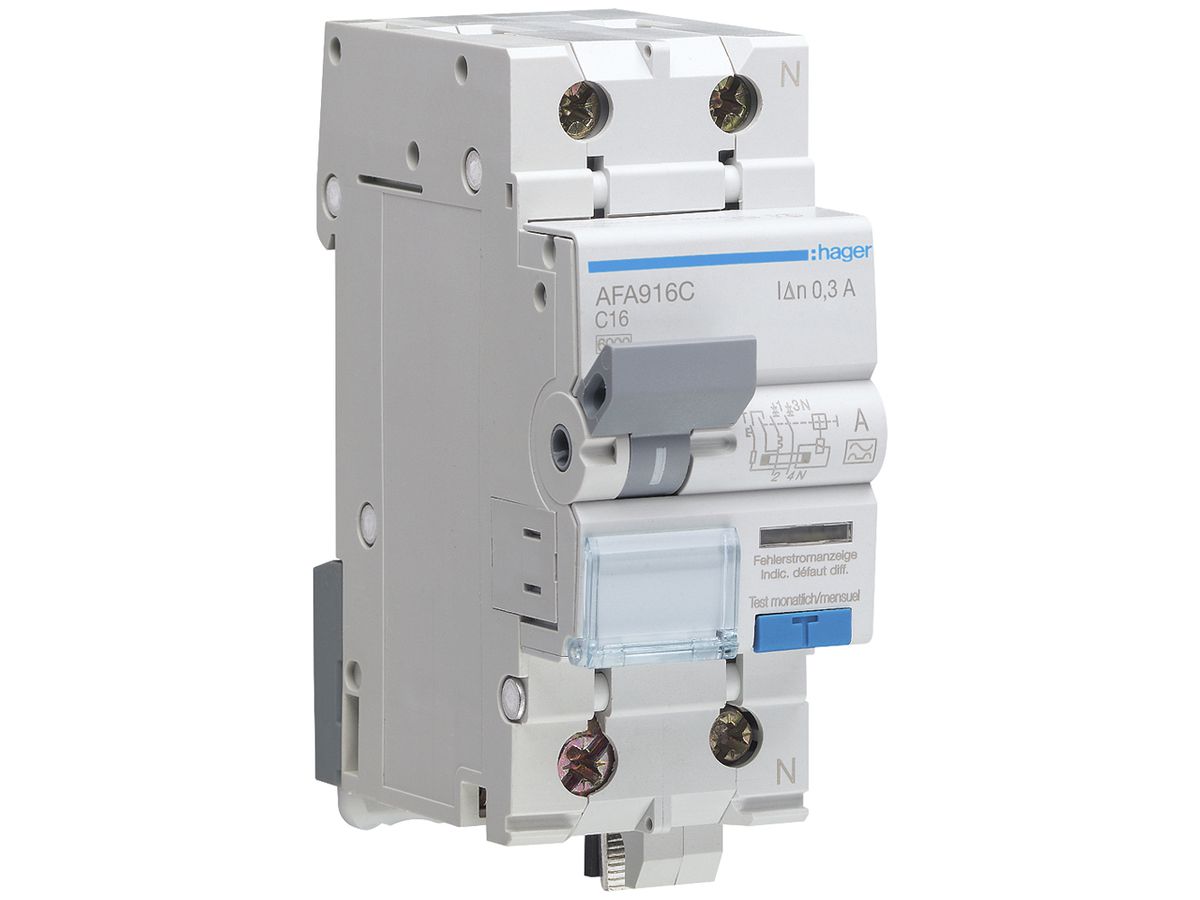 FI/LS-Schalter Hager RCBO 2P 230V Charakteristik C 16A 0.3A Typ A 2TE