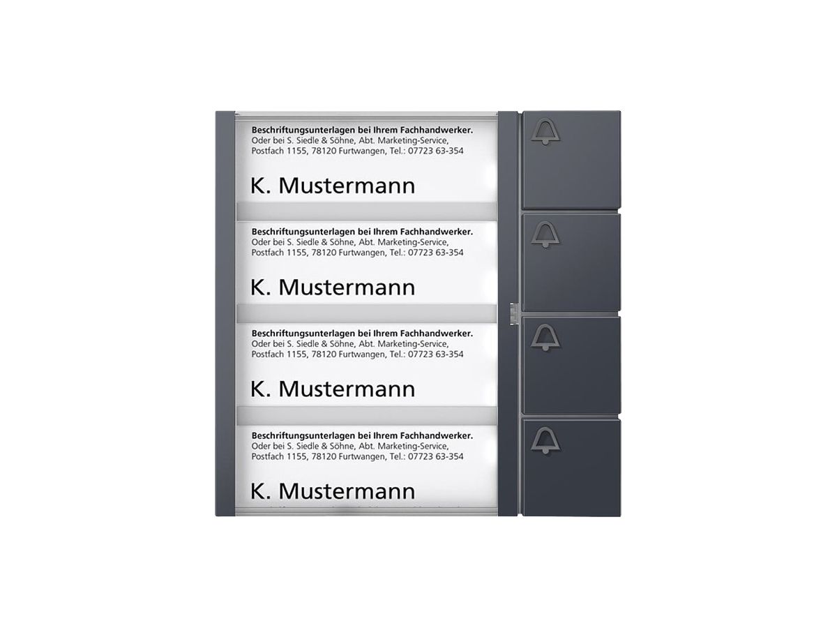 Tasten-Modul Siedle, mit 4 Namensschildern, 4 Ruftasten mit Glockensymbol, an