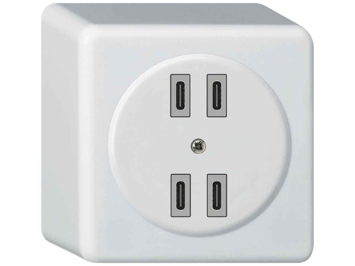AP-USB-Ladesteckdose Hager basico 2×C-C 2×20W oder 4×10W 5V 86×86mm weiss