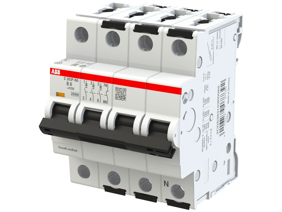 Leitungsschutzschalter ABB MCB S300P 3P+N 415V Typ B 6A Icn 25kA Icu 100kA 4TE