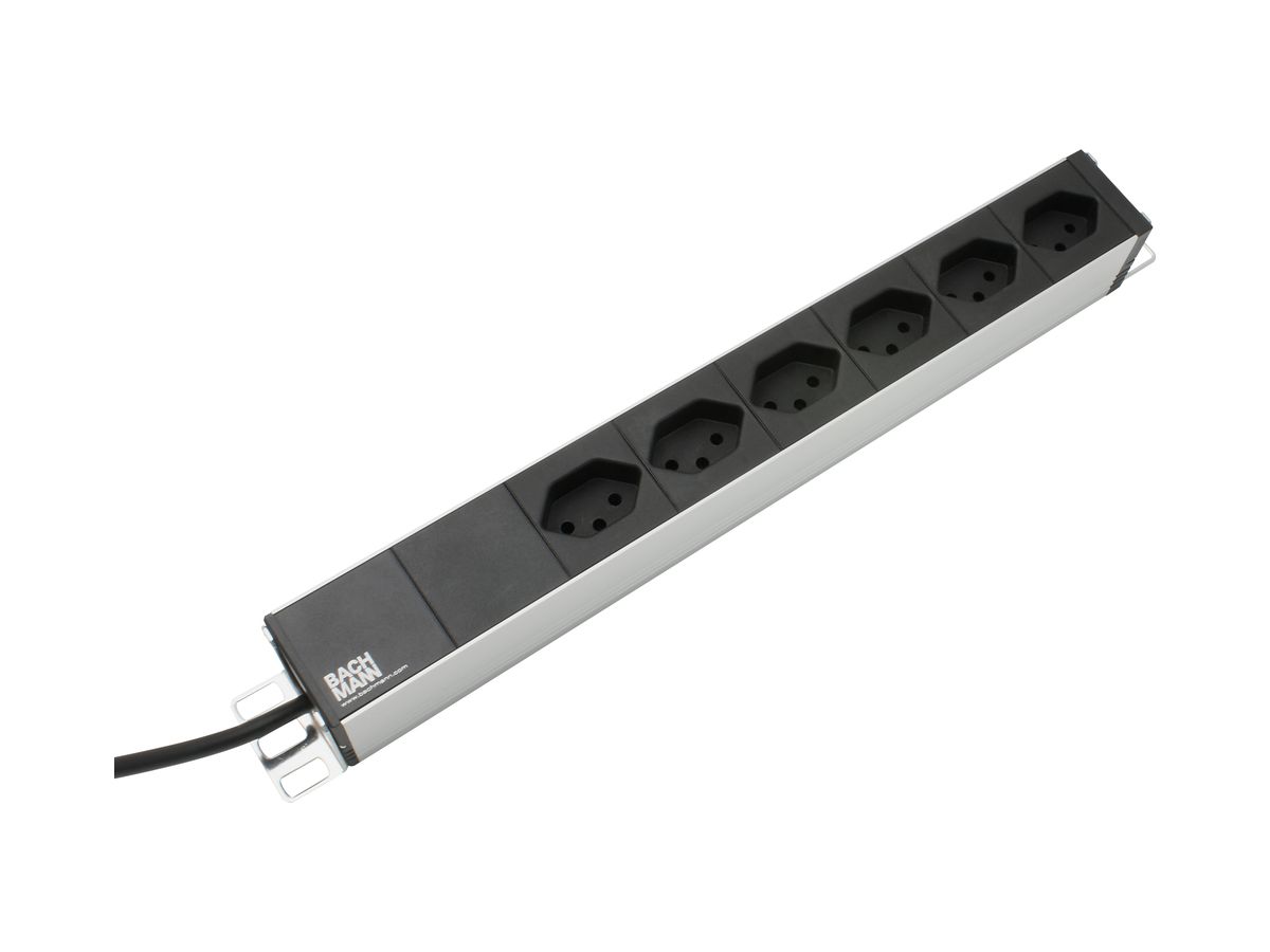 Steckdosenleiste 6×T13 Td 2m 3×1mm² mit AP-Befestigungslaschen alu/schwarz