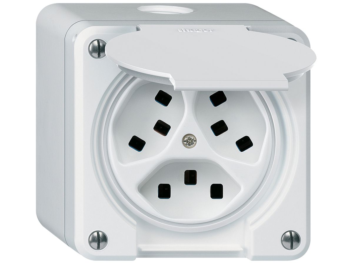 AP-Steckdose Hager robusto, 3×T23, mit Klappdeckel Q, weiss