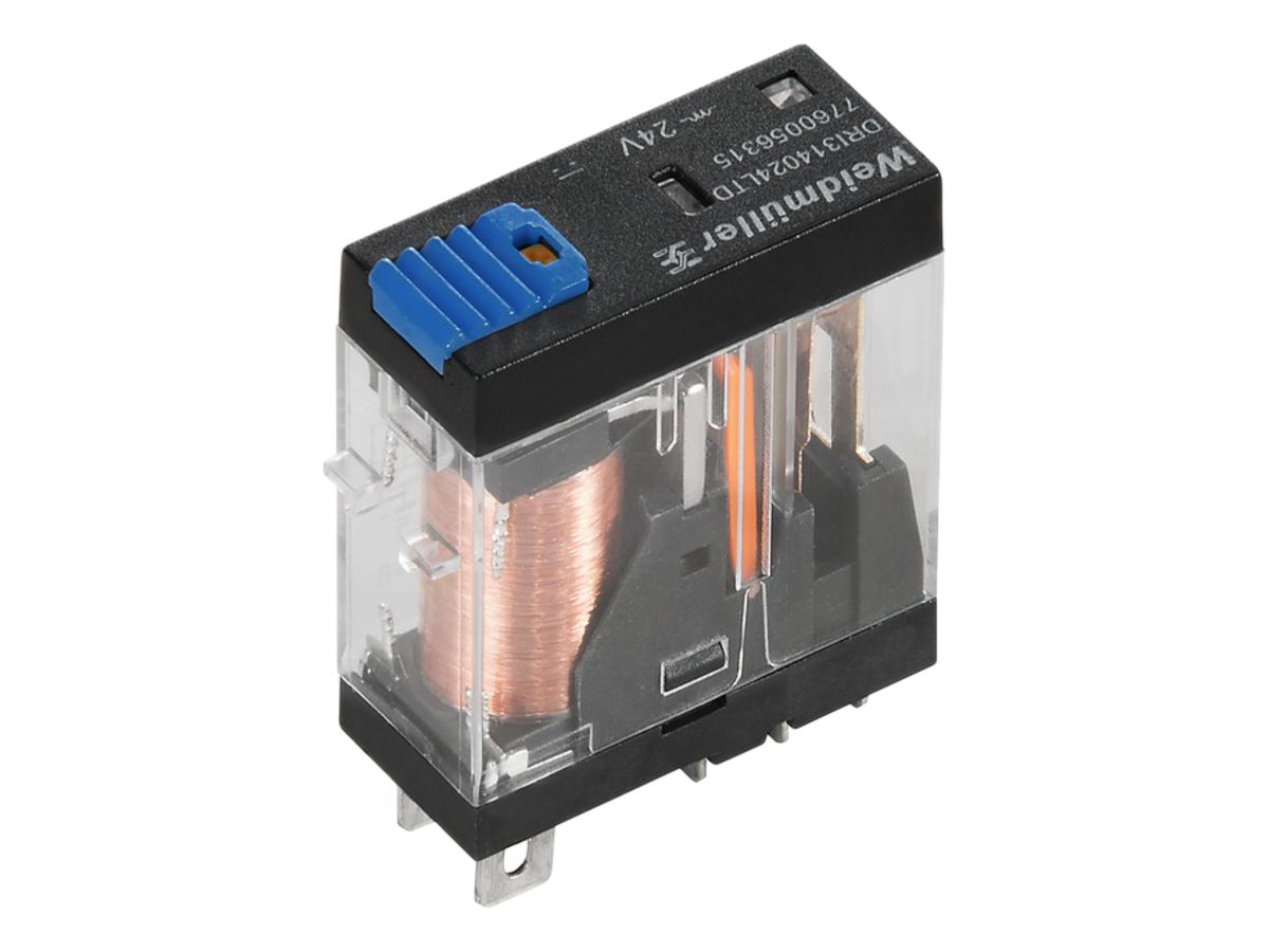 Relais WM, 24VDC, LED grün, Freilaufdiode, 1 Wechsler mit Prüftaste, 250VAC, 10A