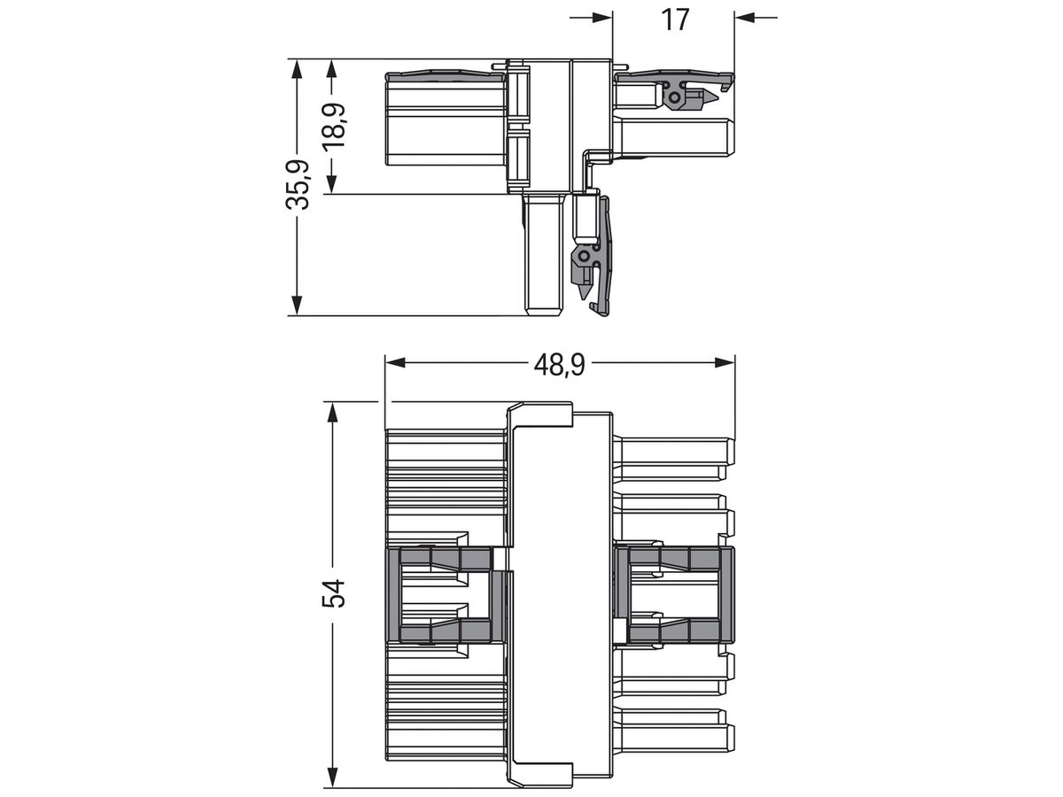 T-Verteiler WAGO 5L 1×Stecker/2×Buchse rot 25A 400V Cod.P 3.Verriegelungsklinke