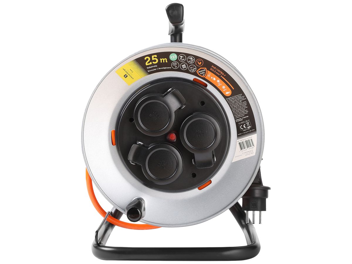 Kabelrolle Schönenberger Stecker:T23 Steckdose:3×T23 25m IP55 Silber