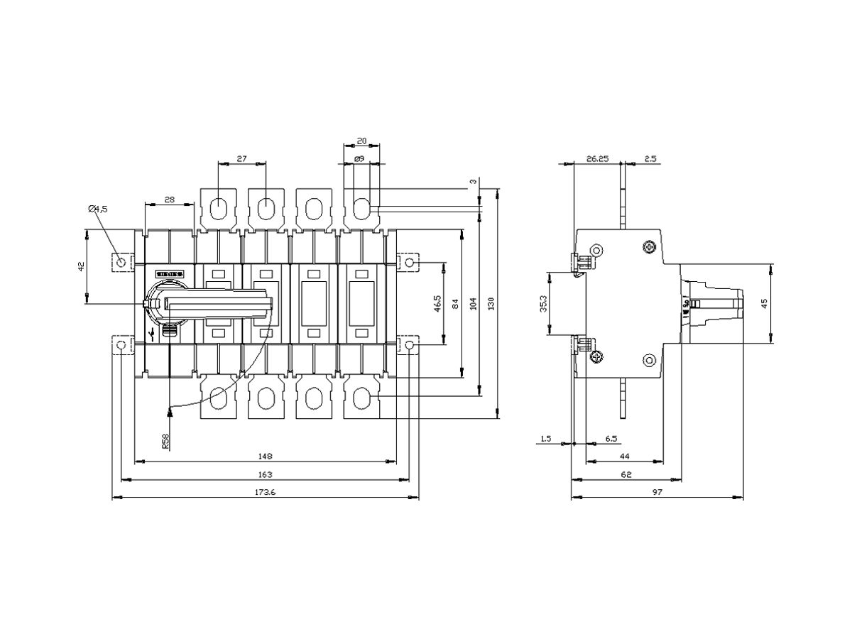 REG-Lasttrennschalter Siemens SENTRON 3KD2 4P 80A 1000V 4CO IP00 grau