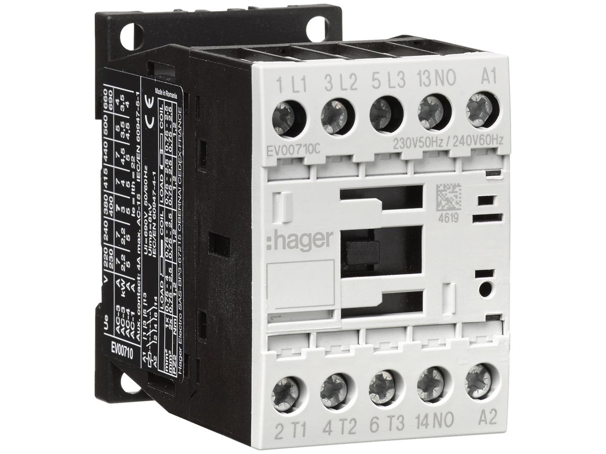 Leistungsschütz Hager 3P+1 Schliesser 7A bei AC-3 Spulenspannung 230VAC