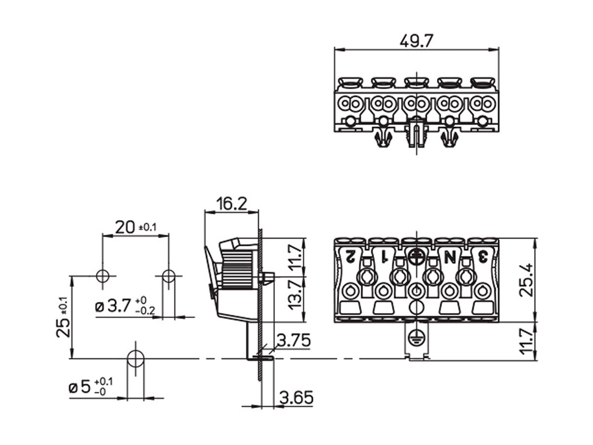 Verbindungsklemme 5P 0.5…2.5mm² Betätigungshebeln Erdungslasche ws