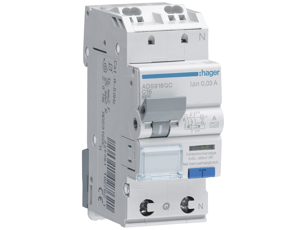 FI/LS-Schalter Hager RCBO QC 2P 230V Char.C 16A 0.03A Typ A 6kA 2TE