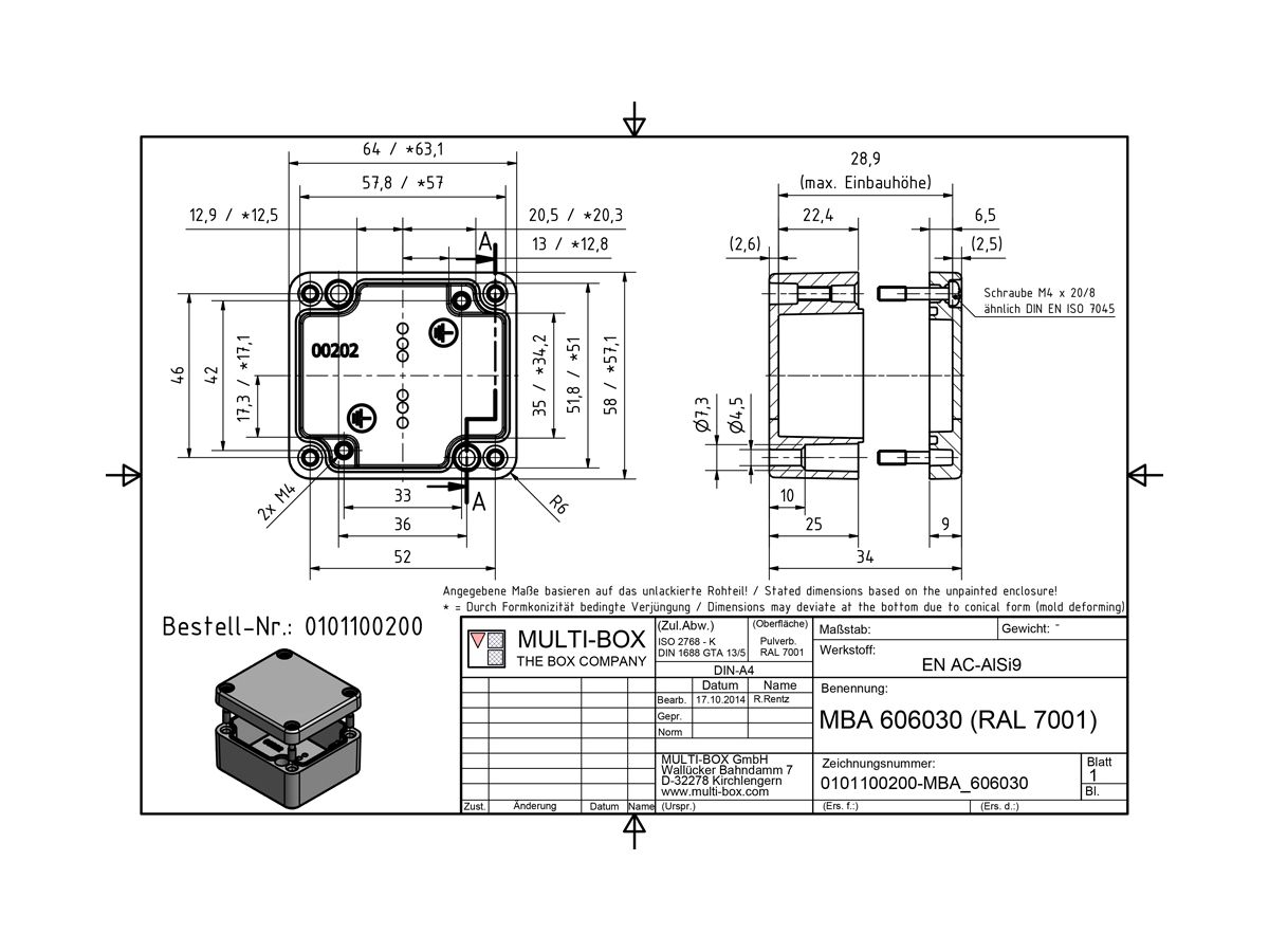 Aluminiumgehäuse SWIB ENSTO AG 68×58×34mm IP66 grau