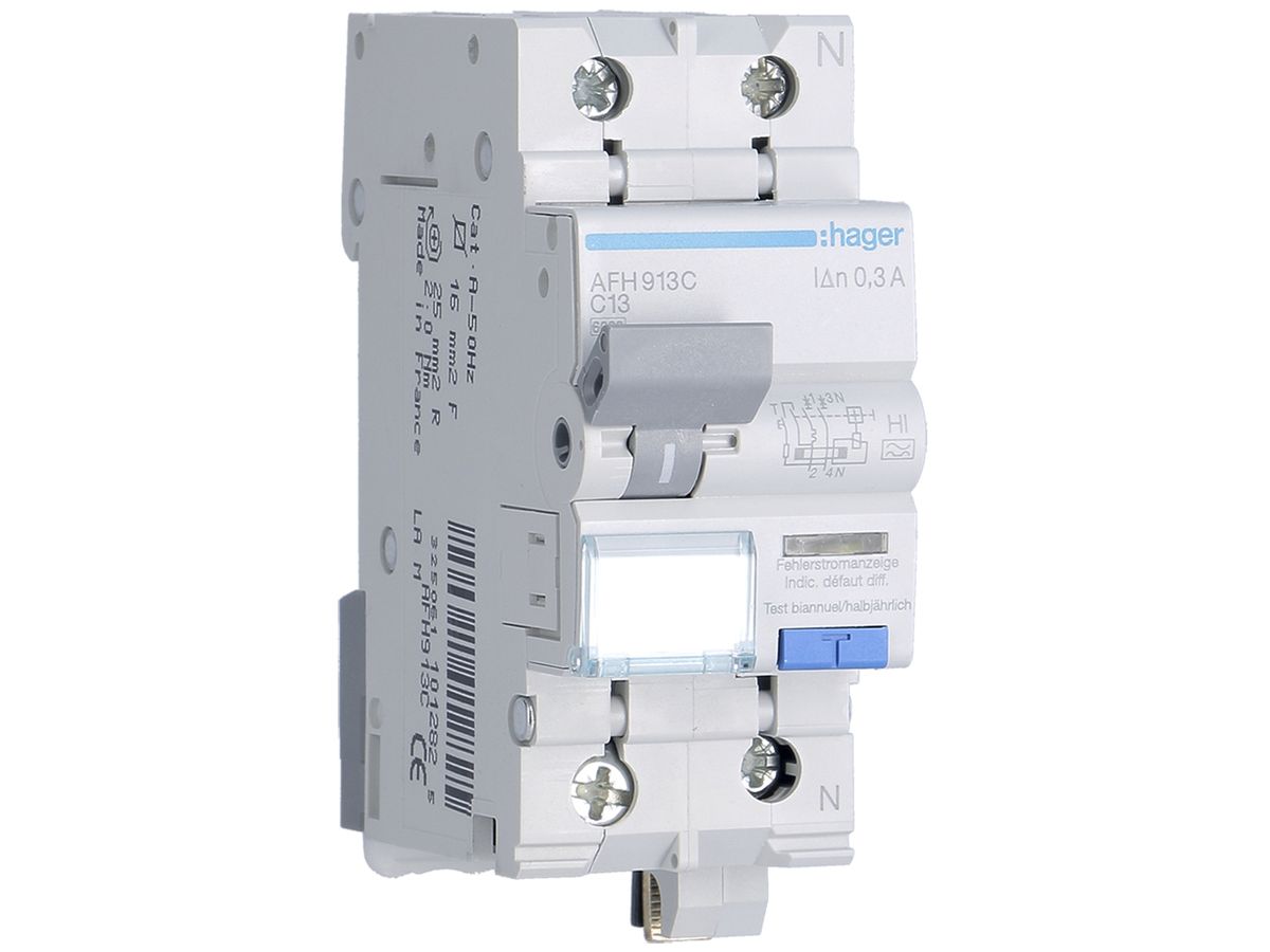 FI/LS-Schalter Hager RCBO 2P 230V Charakteristik C 13A 0.3A Typ A HI 6kA 2TE