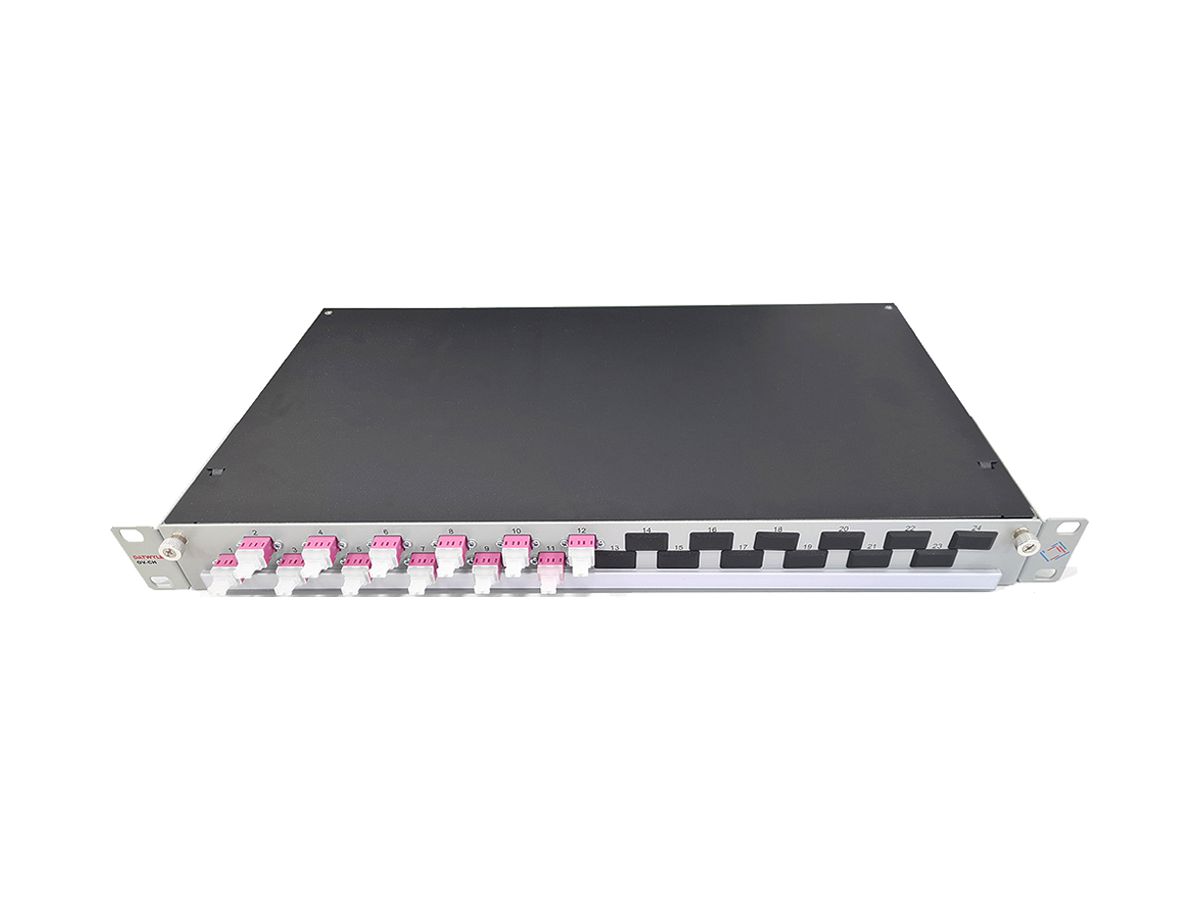 Spleissbox 19" Dätwyler OV-CH 12×LCD/PC violett OM4 versetzt 1HE Silber