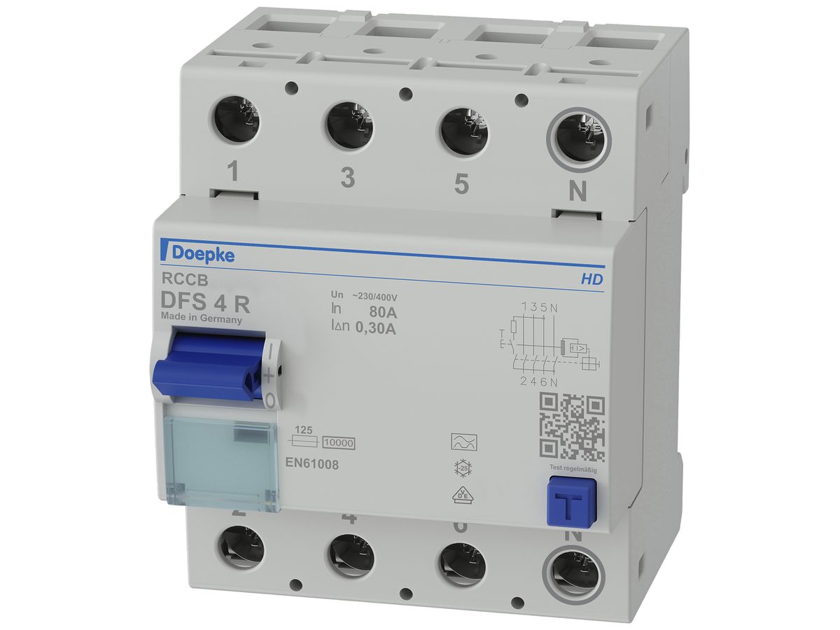 Fehlerstromschutzschalter Doepke 80A 300mA 3L+N Typ A, sensitiv, N rechts