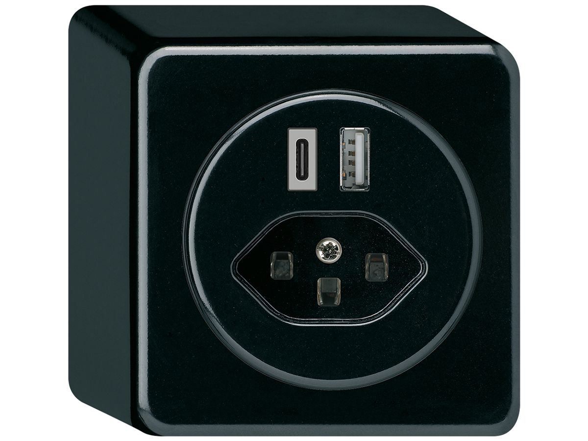 AP-USB-Ladesteckdose basico 18W PD 1×Typ A 1×Typ C Typ 23 mit AP-Gehäuse schwarz
