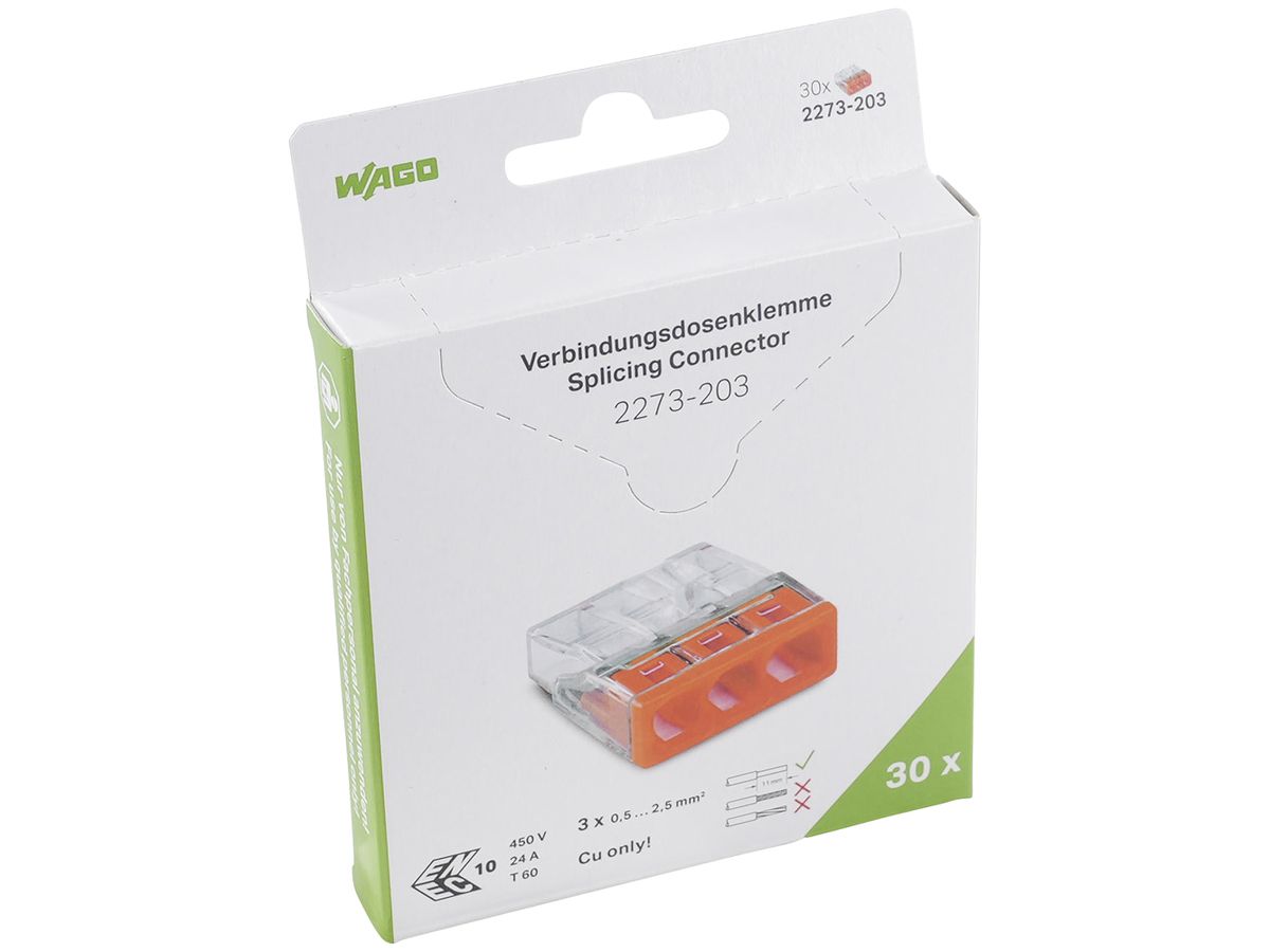 Verbindungsklemme WAGO 2273-203 in Blister 30 Stück 3L 0.5…2.5mm² 24A 450V