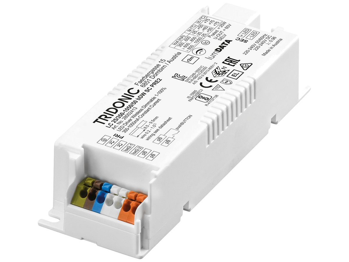 LED-Konverter basicDIM LC 25/350-1050/50 bDW SC PRE2 350…1050mA 25W, 43×30×130mm
