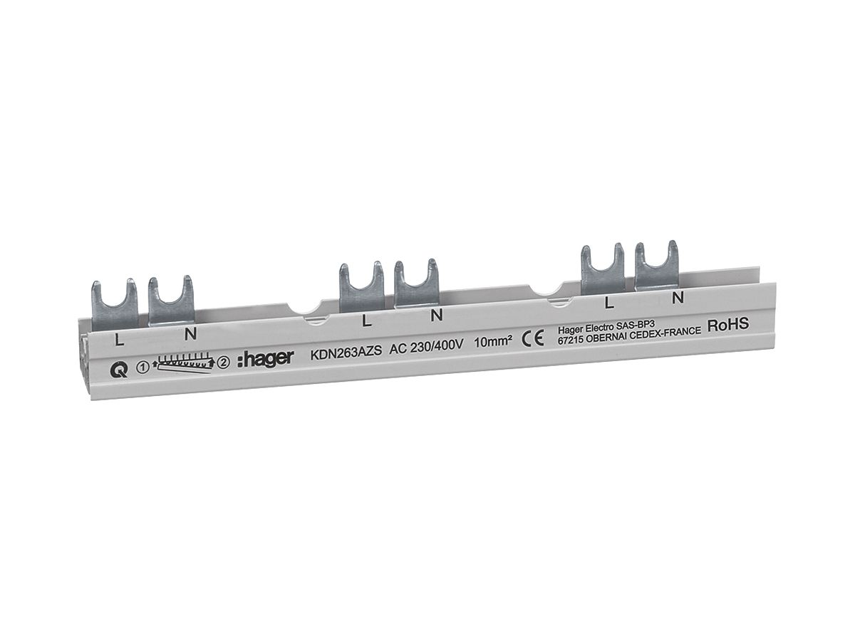 Gabel-Phasenschiene Hager 2P 10mm² für ARFxxxD mit Hilfsschalter 10 Module