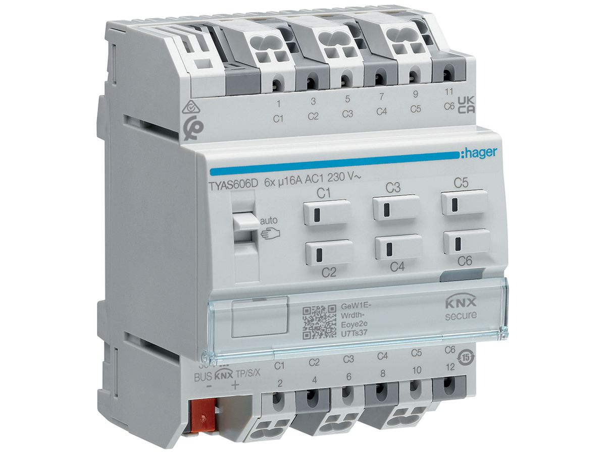REG-Schaltaktor KNX Hager 6 Ausgänge 16A 2300W 195…253V IP20 4TE