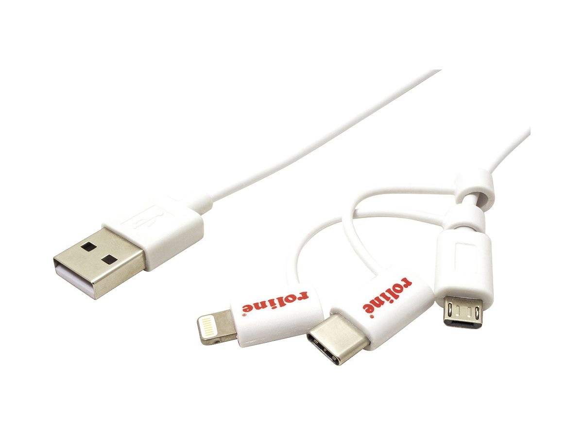 USB-Kabel ROLINE USB-A/Micro-B (USB-C/Lightning) (USB 2.0) 480Mbit/s weiss 1m
