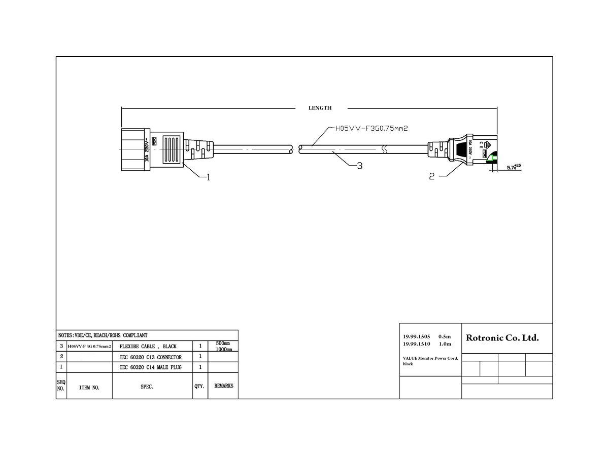 Apparatekabel VALUE C14 → C13 3×0.75mm² 250VAC/10A schwarz 1m