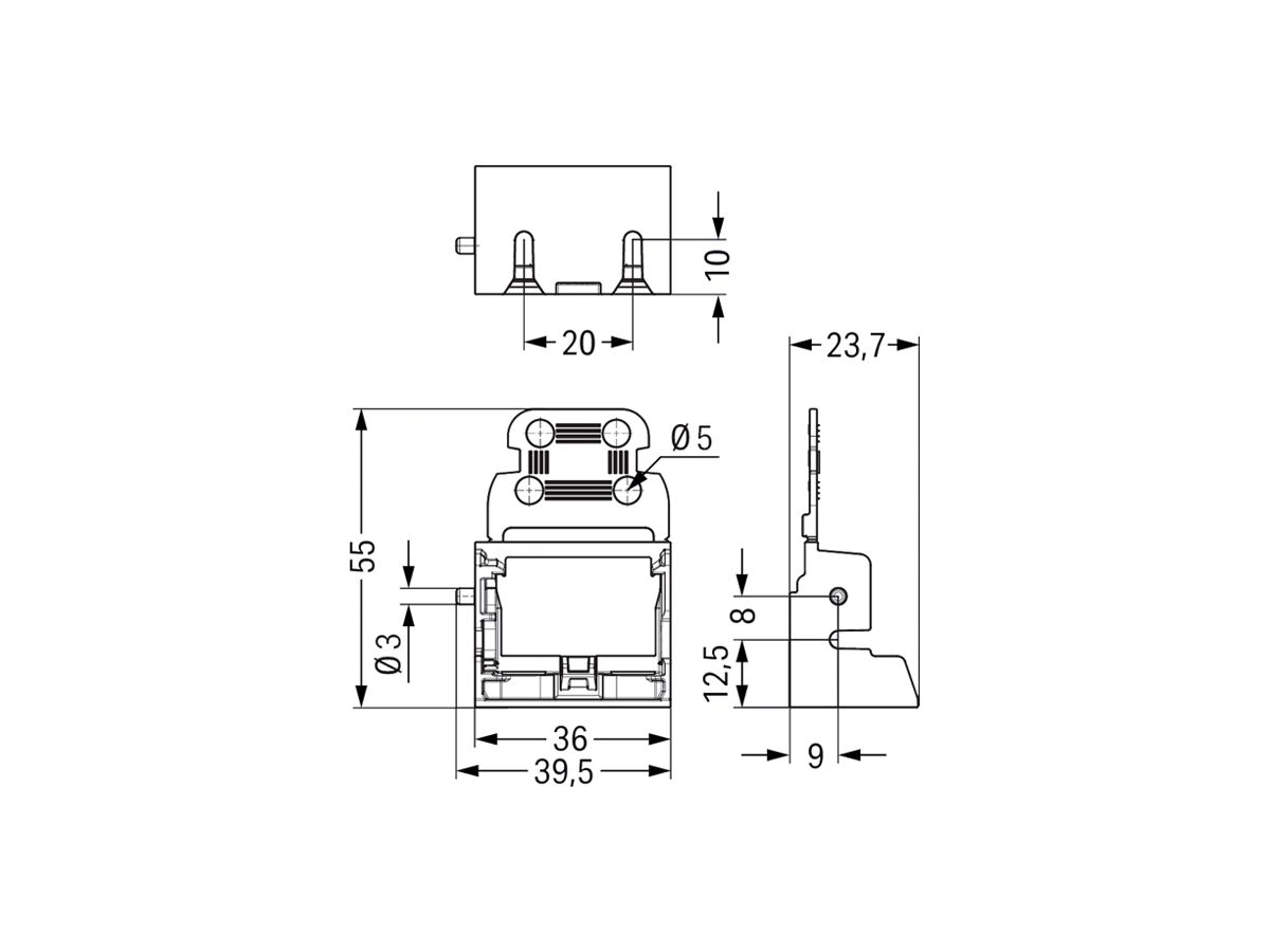 Befestigungsadapter WAGO m.Zugentlastung für 10×4mm² seitlich bl