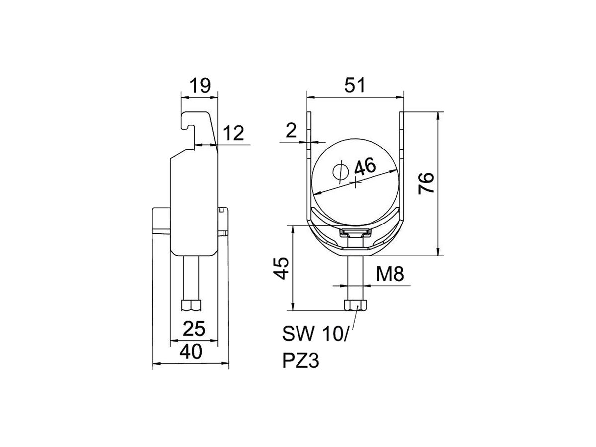 Schnellverleger BET 2056 U-Fuss Kunststoff 40…46mm 1×Kabel Stahl tfZn