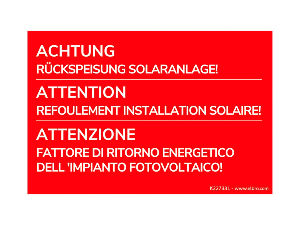 Warnaufkleber ACHTUNG Rückspeisung Solaranlage! 90×60mm selbstklebend rot D/F/I