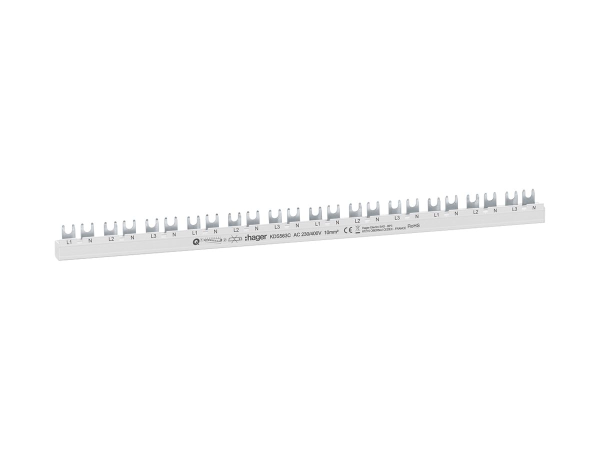Phasenschiene Hager quickconnect 4P 3L Gabel 10mm² 63A 430×4mm weiss
