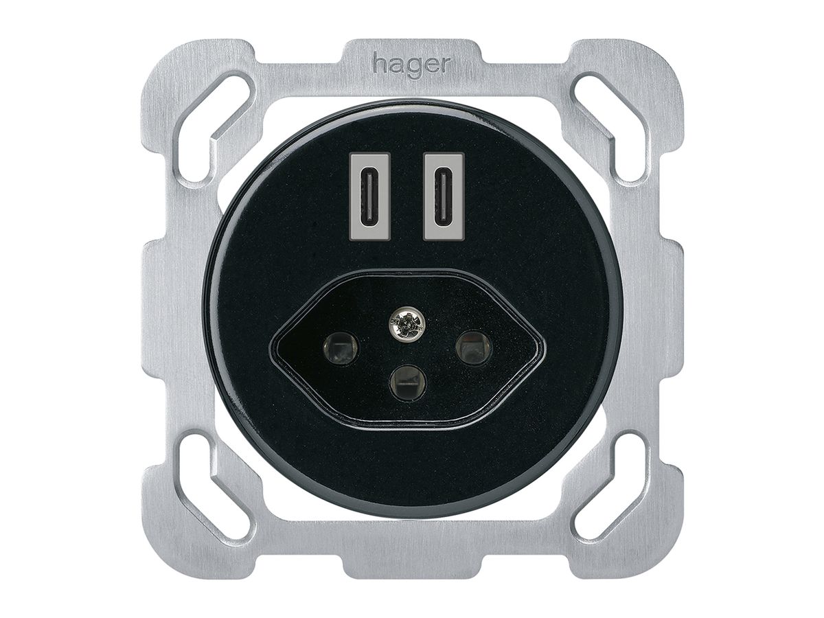 UP-USB-Ladesteckdose Hager basico C-C 20W+T13 5V 77×77mm schwarz