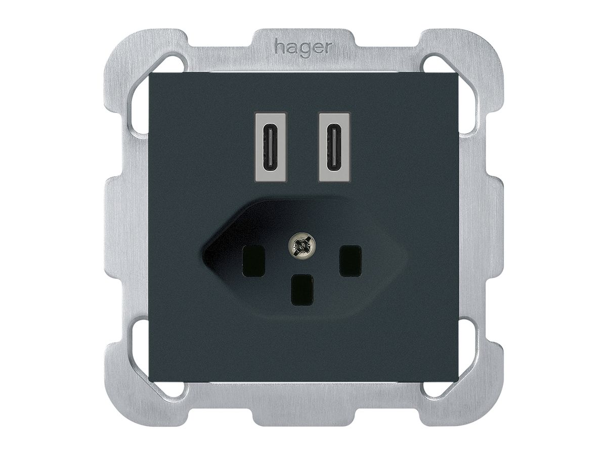 UP-USB-Ladesteckdose Hager kallysto C-C 20W+T23 5V 77×77mm schwarz
