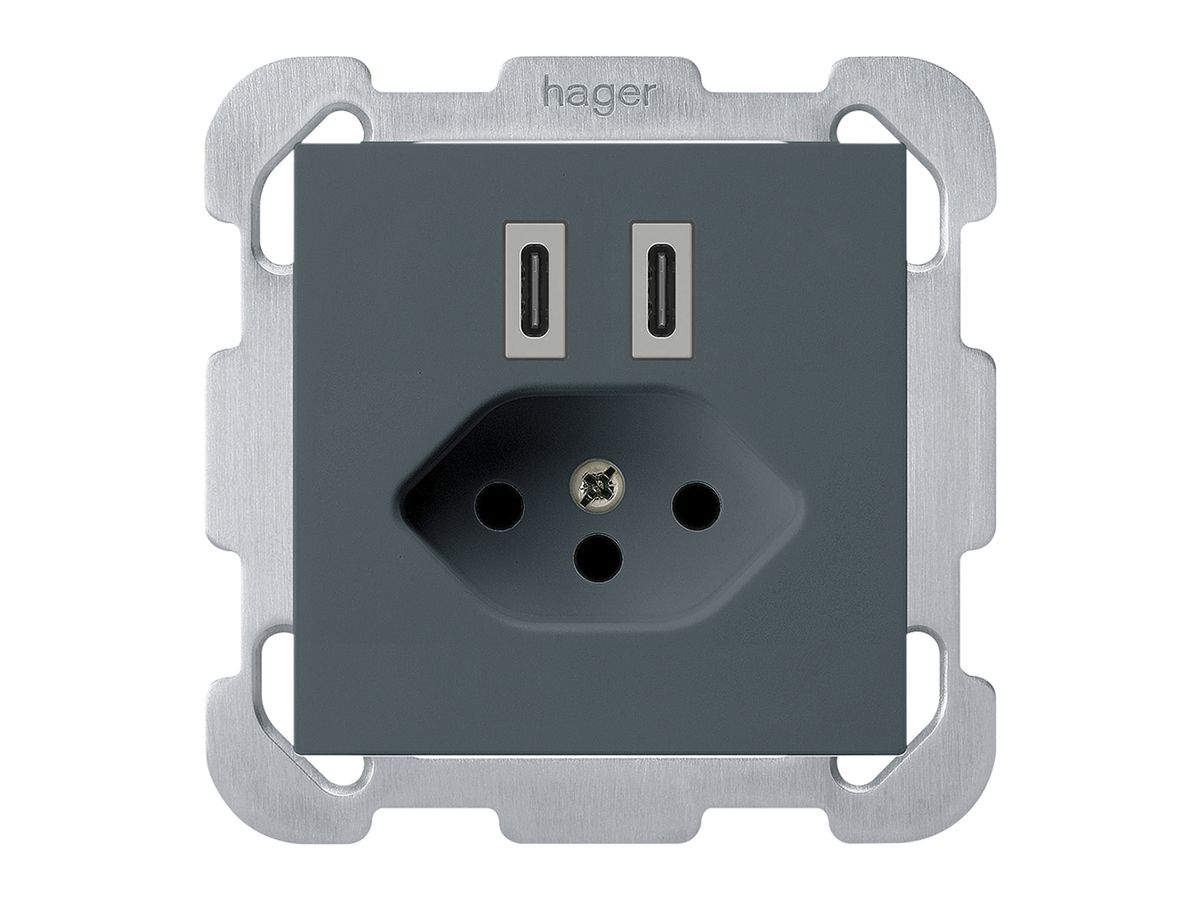UP-USB-Ladesteckdose Hager kallysto C-C 20W+T13 5V 77×77mm anthrazit