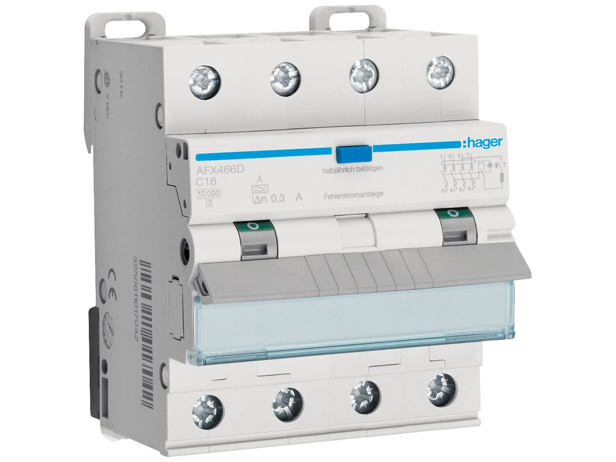 FI/LS-Schalter Hager RCBO 4P 400V C 16A 0.3A 4TE Typ A 10kA