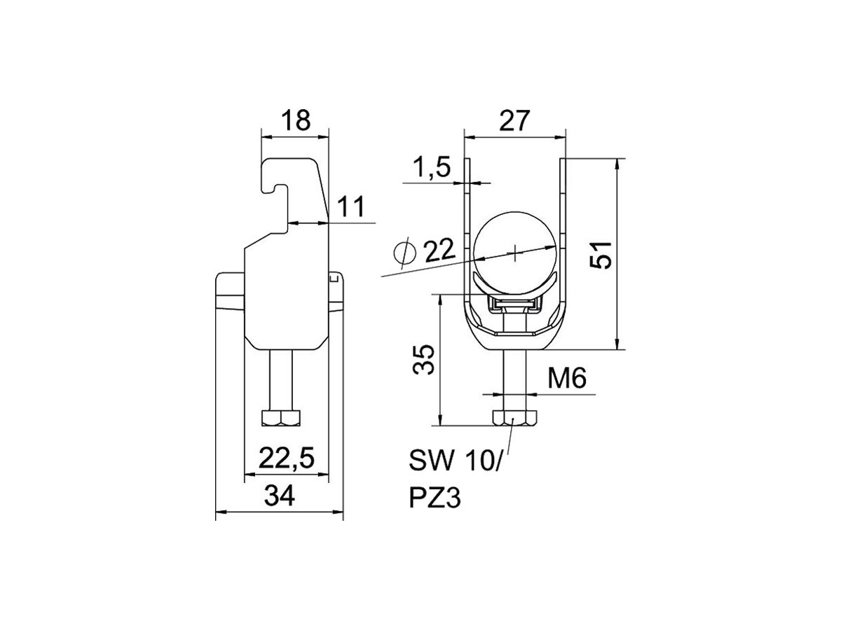 Schnellverleger BET 2056 U-Fuss Kunststoff 16…22mm 1×Kabel Aluminium